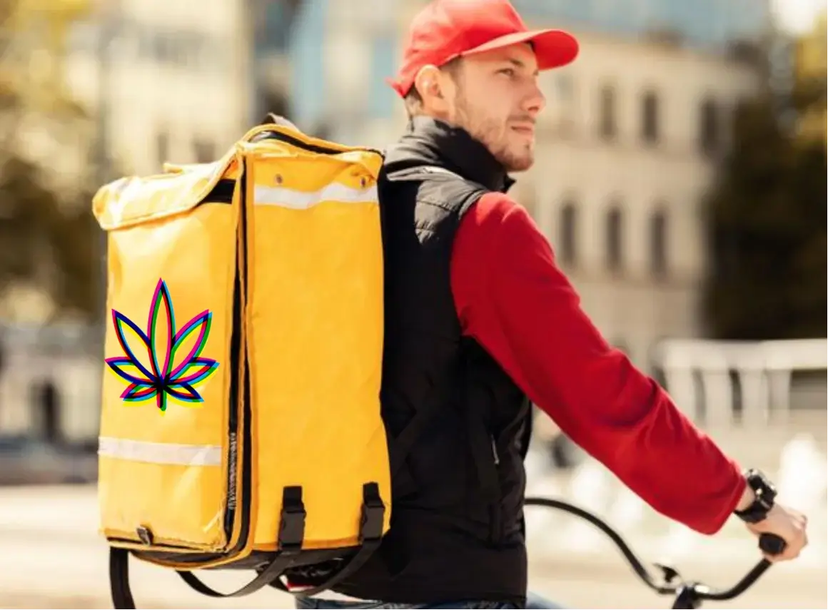 High DC Delivery rider with a red cap, black vest, and yellow bag featuring a cannabis leaf logo, showcasing premium cannabis delivery in Washington, DC.